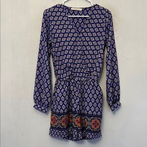 Everleigh Royal Blue  Patterned Long Sleeve Romper Size S EUC